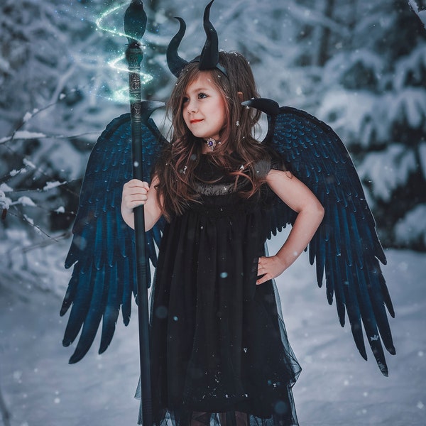 Child Maleficent Full costume includes Horns  Black Wings black crow staff scepter black dress  child's costume girls size 3t-12yo