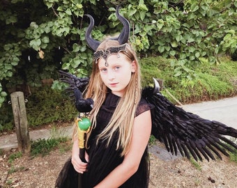 Girls Maleficent Costume: Feather Wings, Horns, Staff, Dress