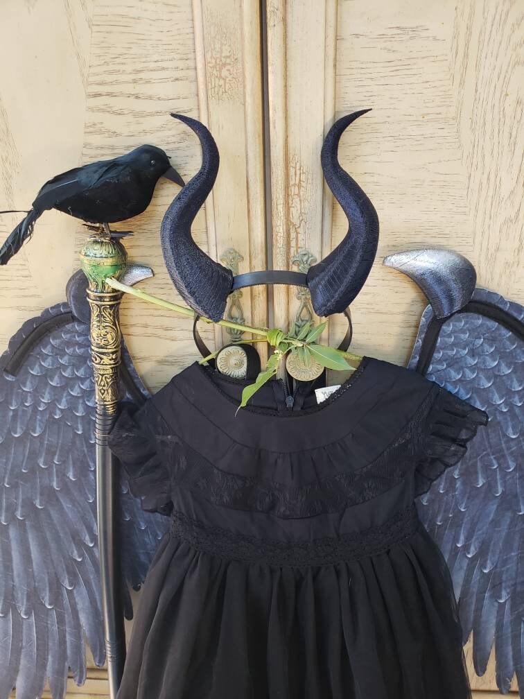 Halloween-Kostüm Für Mädchen – Maleficent Hexenkleid Mit Hörnern, Flügeln & Zepter, Schwarz