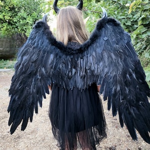 May include: Black feathered angel wings with a black tulle dress and black horns. The wings are large and dramatic, perfect for a costume or cosplay.