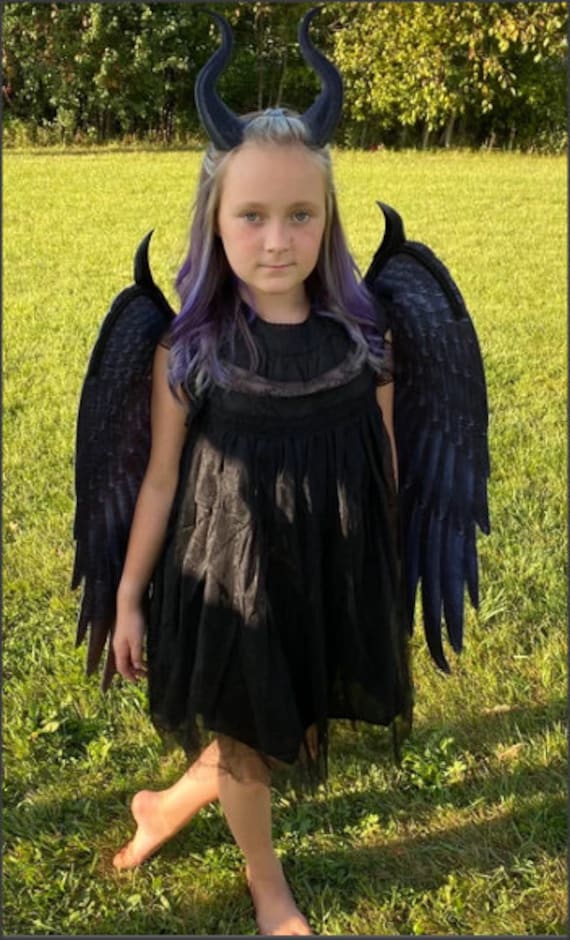 Bambino Malefica Il costume completo include Corna Ali nere corvo nero  scettro scettro vestito nero costume bambino ragazze taglia 3t-12yo -   Italia