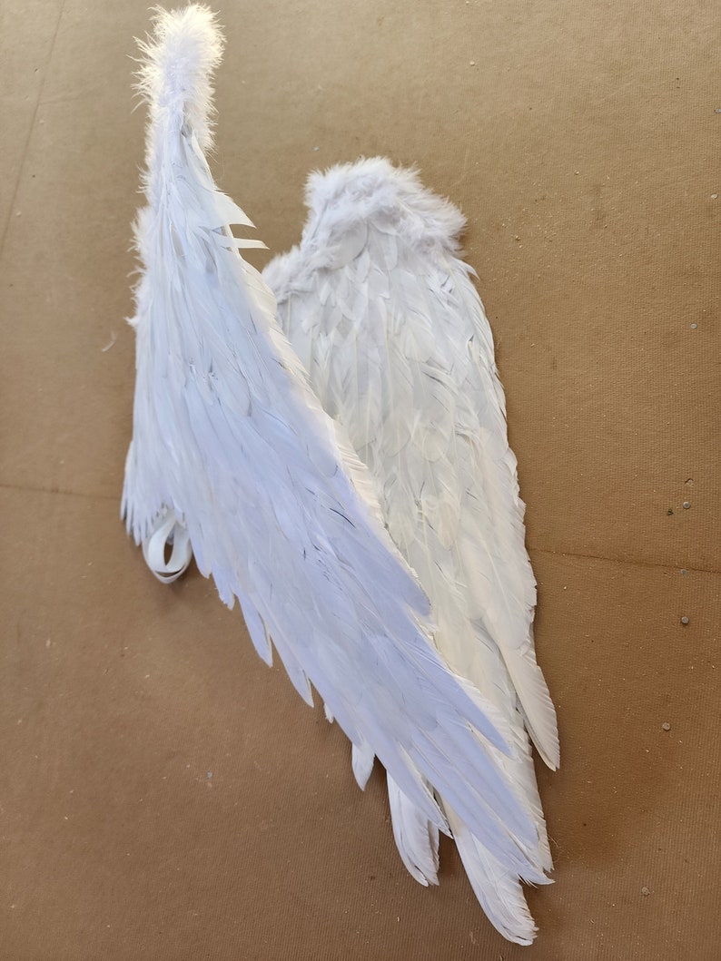 May include: A pair of white angel wings made of feathers. The wings are attached to each other at the top and have a white ribbon at the bottom.