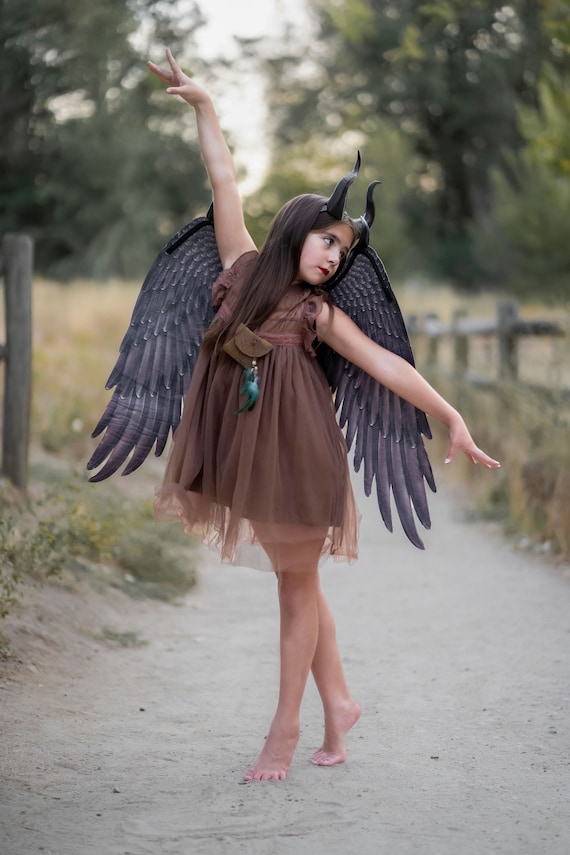 Child Young Maleficent Inspired Full Costume Includes Horns Wings Dress  Accessories Girls Size Girls Maleficent Costume -  Israel