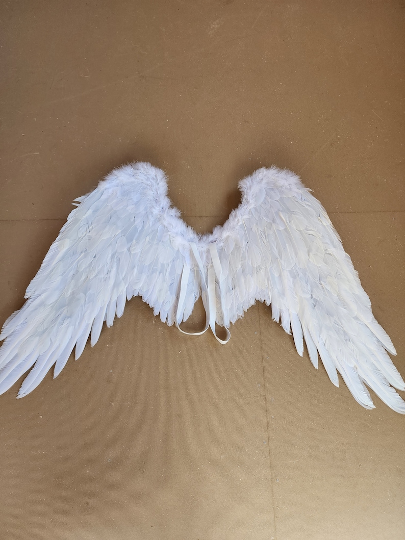 May include: White angel wings with a white ribbon tie. The wings are made of feathers and are designed for costume or cosplay.