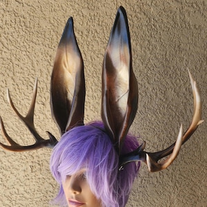 Jackalope and  large Realistic Stag antlers horns / Deer Antlers Horns  3D Printed (Ultra Light Weight Plastic) Reindeer optional ears