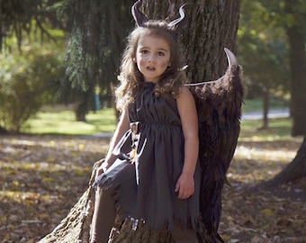 Choose your Options Young Maleficent Inspired costume Wings, Horns  3D Printed Dress and Accessories girls size 2T-14