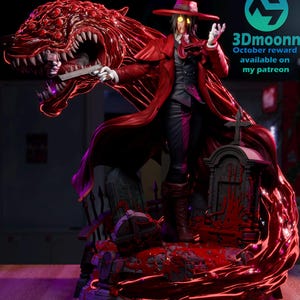May include: A detailed figurine of a character in a red coat and wide-brimmed hat, holding a silver handgun. A large, red, multi-eyed creature emerges from behind, with a graveyard base featuring tombstones and blood-like textures. Text reads 3Dmoonn.