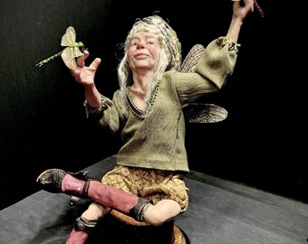 FREE SHIPPING! 1st Place WINNER! Art Doll Collectible Sculpture "Dragonfly Dreams" Whimsical Character - Professional Doll Makers Art Guild