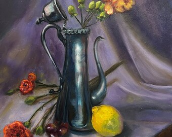 FREE SHIPPING! "Silver Teapot" Giclee Reproduction Pint of vintage silver teapot, lemons, flower