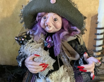 FIONA - Witch Art Doll w/ Cat - Handmade Original Sculpture  - OOAK - Folklore
