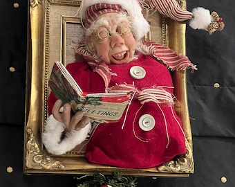 Christmas Carol Art Doll Sculpture Original Handmade Professional Artist Wall Hanging Whimsical Frame Clay Wood OOAK by Cindy DeGraw