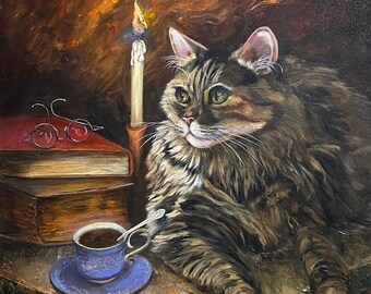 FREE SHIPPING! "The Reading Nook" Beautiful Cat Feline Books Candle Cup Giclee on Canvas Reproduction