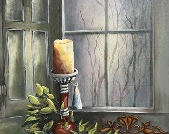 FREE SHIPPING! "Morning Light" Giclee Reproduction Print Candle at Mornng Window Misty Foggy