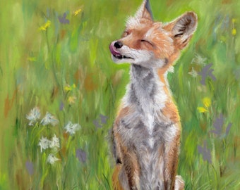 Happy Fox prints, cards and original pastel painting