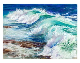 May include: An original pastel painting of ocean waves crashing against rocks. The artwork features shades of blue, turquoise, and white, capturing the movement and energy of the sea. The artist's signature is visible in the lower left corner.