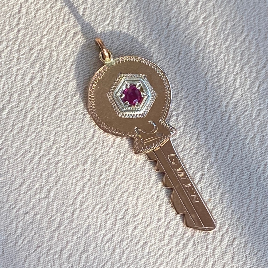 Retro 9k Ruby Key Charm with Engraving Etsy
