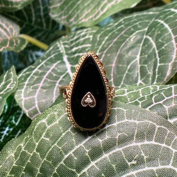 Mid Century Onyx Diamond Heart Ring 14k Gold