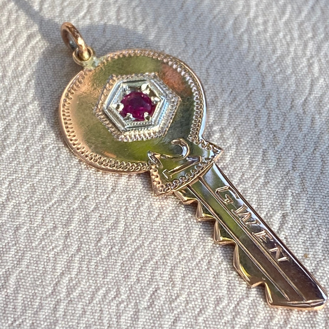 Retro 9k Ruby Key Charm with Engraving Etsy