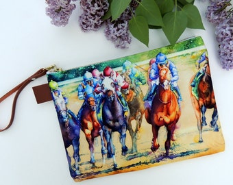 Handbag, Horse Racing, Canvas Zipper Pouch, Evening Bag,  Trendy Derby Clutch,  Stylish, Gift , Accessory Bag, Horse Watercolor
