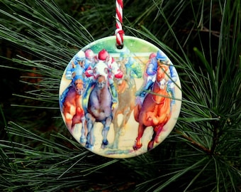 Horse Racing, Christmas Ornament, Horse Gift, Christmas Gift, Saratoga Springs Race Track, Gifts Under 25, Watercolor by Cheryl Chalmers