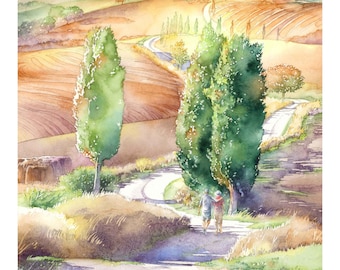 Tuscany Italian Landscape Watercolor Print: Cypress Trees (12" x 18")