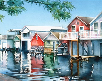 Canandaigua Lake, Finger Lakes Art Titled "City Pier", Wall Art, Boathouse Landscape Watercolor 12"x18", 19"x35" Print by Cheryl Chalmers