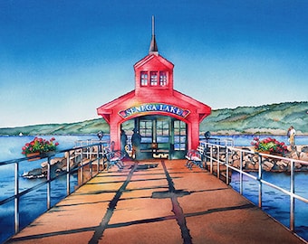 Watkins Glen Art, Seneca Lake Giclee Print,"Seneca Lake Pier", Finger Lakes, Christmas Gift, 12" x 18" Watercolor by Cheryl Chalmers
