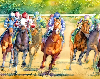 Horse Racing Watercolor Derby Fine Art Print: Saratoga Equine Decor 12"x18"