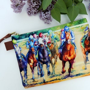 Kentucky Derby Handbag, Canvas Zipper Pouch, Evening Bag,  Trendy Clutch,  Golden Hue, Belmont Stakes, Accessory Bag, Horse Watercolor