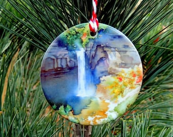 Christmas Ornament, Double-Sided, Ithaca NY, Ceramic, Gifts Under 25, Holiday Gift, Watercolor by Cheryl Chalmers