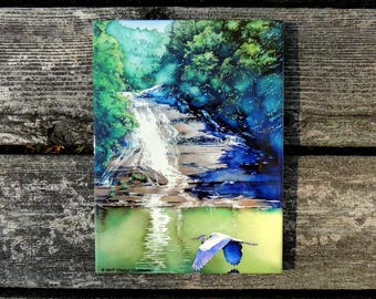 Art Tile, Blue Heron, Buttermilk Falls, Ceramics, Ithaca is Gorges, Gift, Ithaca Waterfall, Watercolor by Cheryl Chalmers