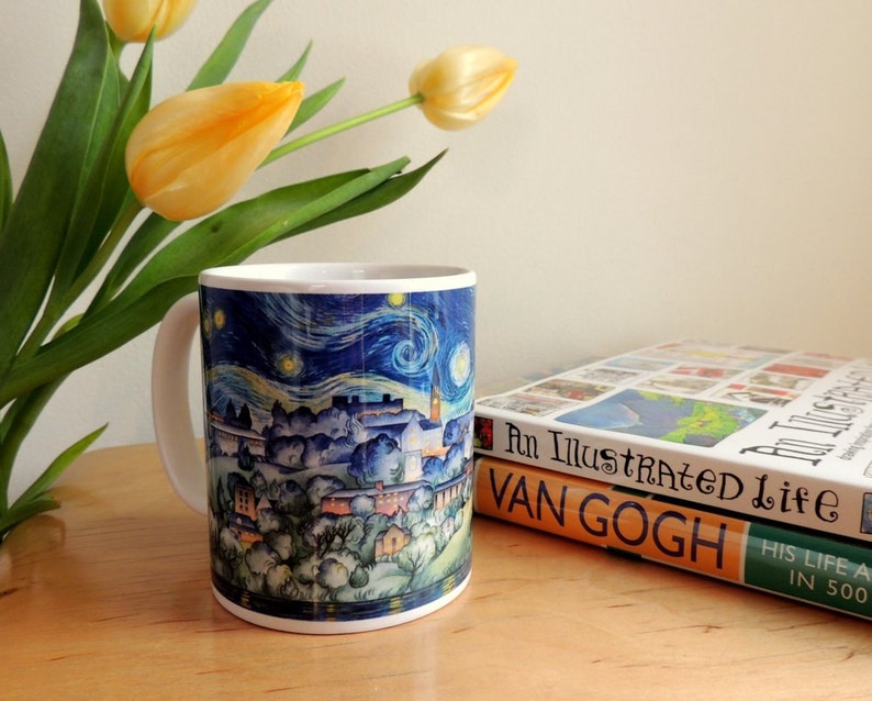 Coffee Mug, Cornell University, Van Gogh, Gift, Coffee Lovers, Starry Night, Ceramic, Watercolor by Cheryl Chalmers image 2