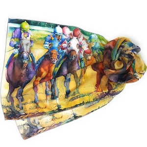 Silk Scarf, Horse Racing, Kentucky Derby Hat, Boho, Belmont Stakes, Gift For Her - 10&quot; x 45&quot;, 16&quot; x 72&quot; 100% Habotai Silk by Cheryl Chalmers