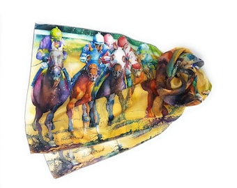 Silk Scarf, Horse Racing, Kentucky Derby Hat, Boho, Belmont Stakes, Gift For Her - 10" x 45", 16" x 72" 100% Habotai Silk by Cheryl Chalmers