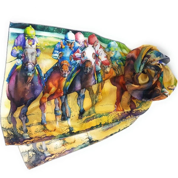 Silk Scarf, Horse Racing, Kentucky Derby Hat, Boho, Belmont Stakes, Gift For Her - 10" x 45", 16" x 72" 100% Habotai Silk by Cheryl Chalmers