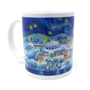 May include: A white ceramic mug with a blue and white design of a snowy town under a starry night sky. The design is reminiscent of Vincent van Gogh's "Starry Night" painting.