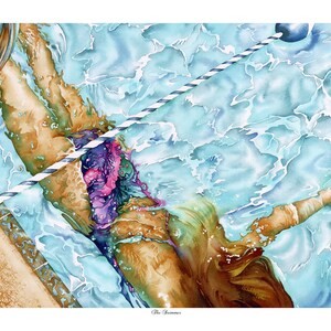 May include: A watercolor painting of a person swimming underwater in a pool. The person's body is mostly submerged, with only their arm and head visible. The water is a light blue color, and there are white and blue stripes on a rope in the water.
