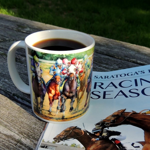 Coffee Mug, Horse Race Track, Equine Art, Gift For Him, Mug, Kentucky Derby, Watercolor by Cheryl Chalmers