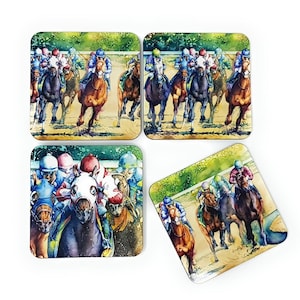 Kentucky Derby, Belmont Stakes Party, Horse Racing Drink Coasters, Father&#39;s Day Gift  - Set of 4 Hardboard Cork Backed 3.75&quot; Square