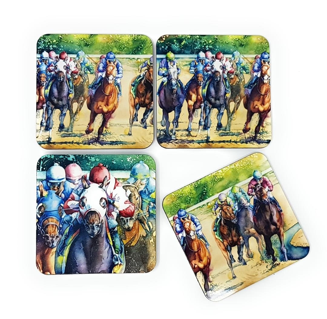 Kentucky Derby, Belmont Stakes Party, Horse Racing Drink Coasters, Father's Day Gift  - Set of 4 Hardboard Cork Backed 3.75" Square