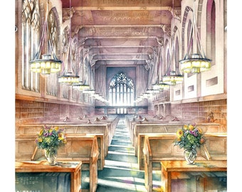 May include: A watercolor painting of the Law Library Reading Room at Yale University in New Haven, Connecticut. The room features high ceilings with intricate wooden beams, large arched windows, and rows of wooden desks with bookshelves. Sunlight streams through the windows, casting long shadows on the floor.