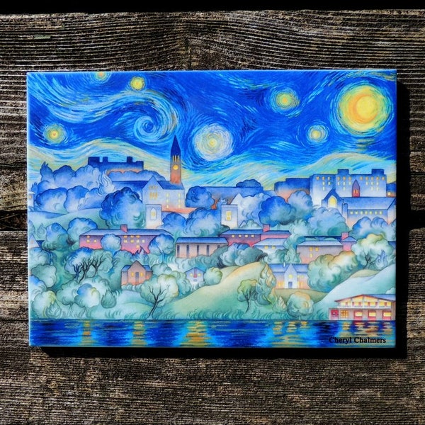 Ithaca, Ceramic Tile, Cornell University Gift, Vincent van Gogh, Wall Art, Watercolor by Cheryl Chalmers