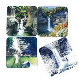 Finger Lakes Waterfall Drink Coasters - Set of 4 Hardboard Cork Backed 3.75&quot; Square