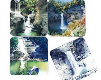 Finger Lakes Waterfall Drink Coasters - Set of 4 Hardboard Cork Backed 3.75" Square