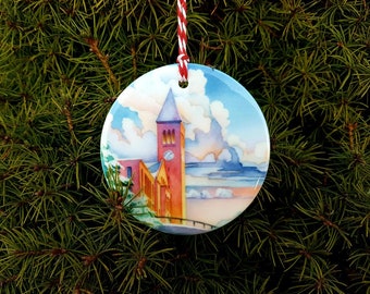 Cornell University Art, Double-Sided Ornament, Christmas Gift, Libe Slope, Sage Hall in Snow by Cheryl Chalmers
