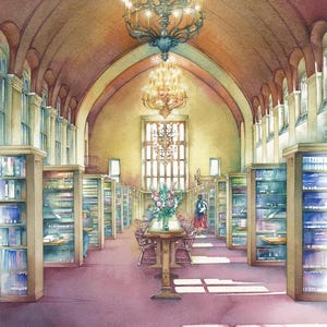 May include: A watercolor painting of a library interior with tall bookshelves lining the walls, a large chandelier hanging from the vaulted ceiling, and a long table with chairs in the center. Sunlight streams through a large window at the end of the room, casting shadows on the floor.