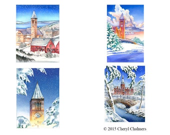 Cornell University Art, Holiday, Ithaca Print, Christmas Card Set, Snow, Landscape, Set of 8 Note Cards by Cheryl Chalmers