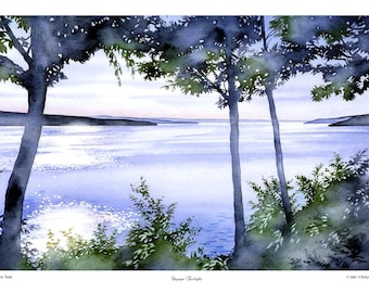 Cayuga Lake Watercolor Fine Art Print: Ithaca, NY Indigo Blue Landscape (12" x 18")