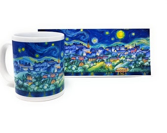 Coffee Mug, Cornell University, Van Gogh, Gift, Coffee Lovers, Starry Night, Ceramic, Watercolor by Cheryl Chalmers