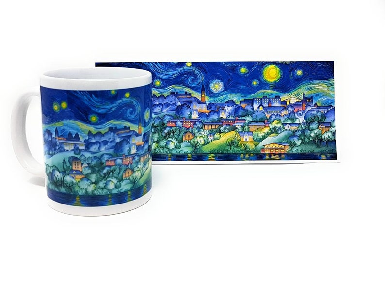 Coffee Mug, Cornell University, Van Gogh, Gift, Coffee Lovers, Starry Night, Ceramic, Watercolor by Cheryl Chalmers image 1